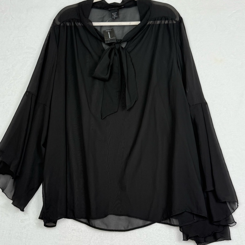Ashley Stewart Black Sheer Tie-Neck Blouse Bell Sleeve Plus Size 22/24 NWT